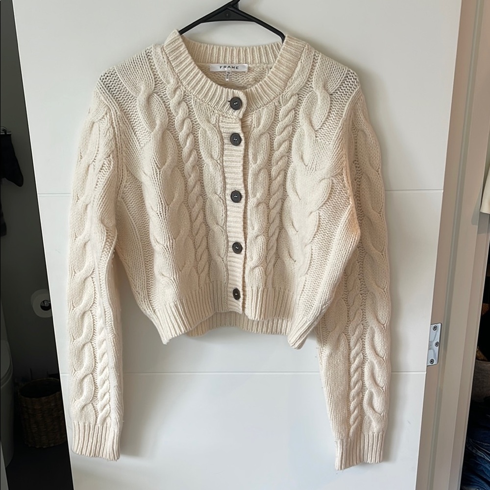 Frame Cable Knit Cream Cardigan Sweater